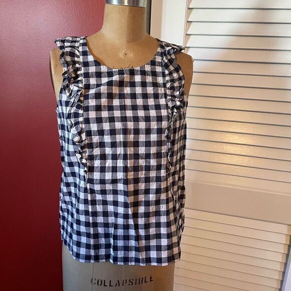 J CREW | navy gingham ruffle sleeveless blouse 2 - Picture 1 of 6